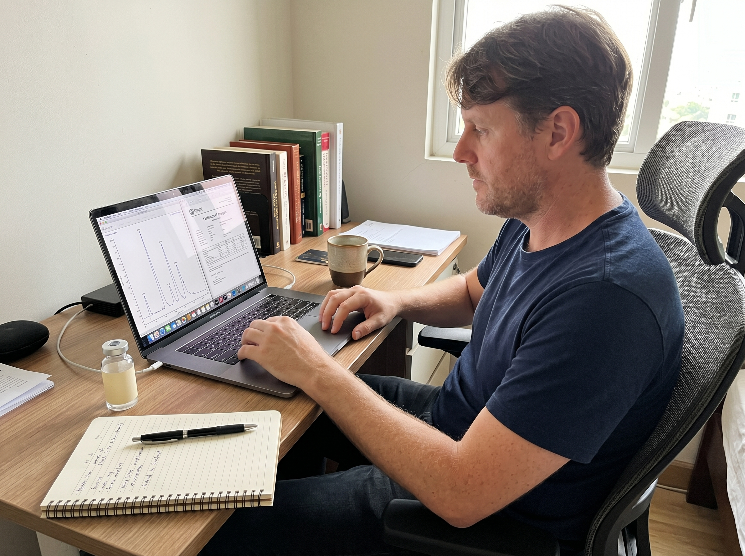 Tobias Weber reviewing a batch Certificate of Analysis